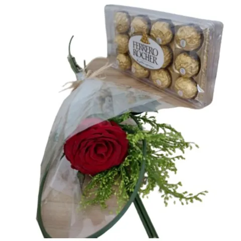 Rosa Solitária com Ferrero Rocher, buquês de flores com entrega em Aracaju