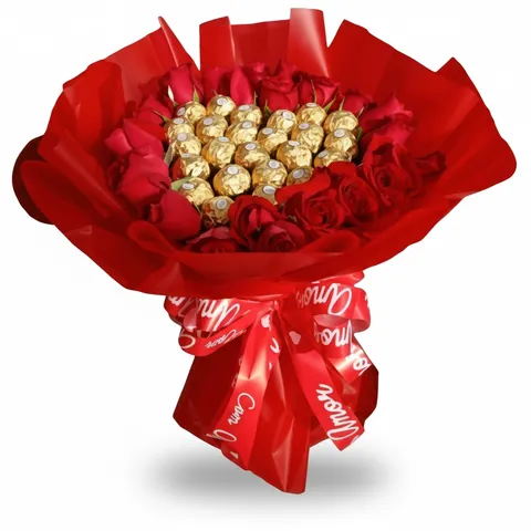 Rosas com Ferrero Rocher em Formato de Coração, buquês de flores com entrega em Aracaju