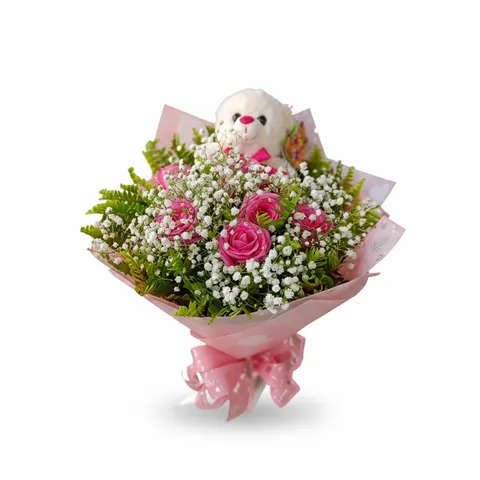 Buquê de Rosas Rosada com Pelúcia, buquês de flores com entrega em Aracaju