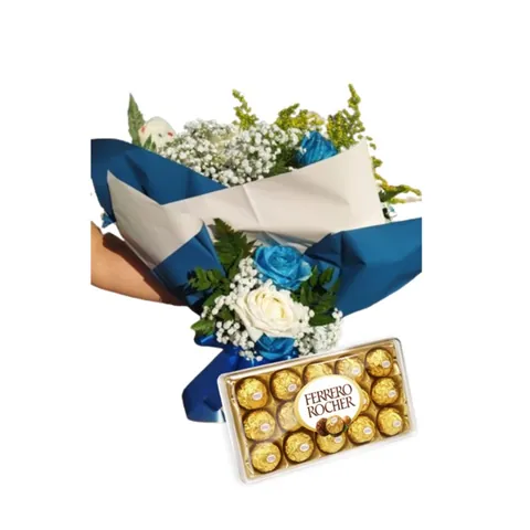 Buque de Rosas Azuis com Ferrero Rocher N° 3, buquês de flores com entrega em Aracaju