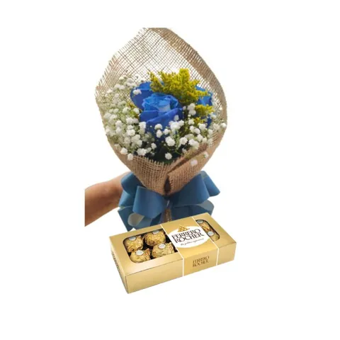 Buquê Azul com Ferrero de 8unid, buquês de flores com entrega em Aracaju